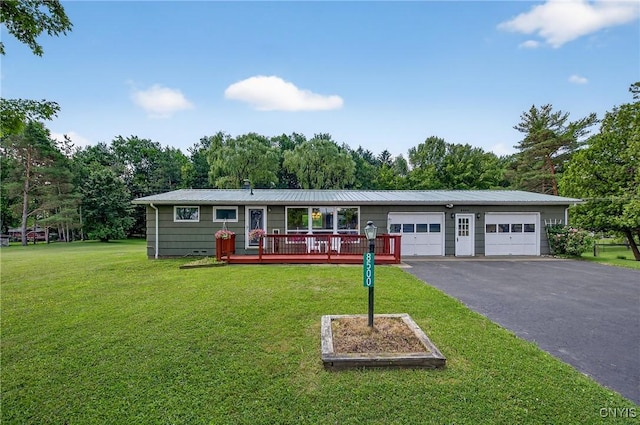 8500 Pools Brook Rd, Manlius, NY 13082 - single story home featuring a front yard, a wooden deck, and view of scattered trees
