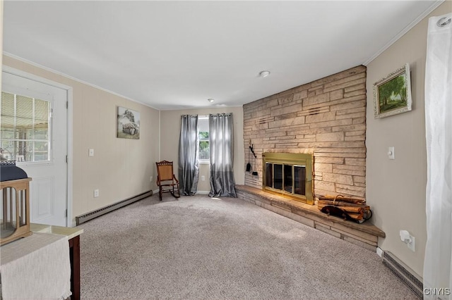8500 Pools Brook Rd, Manlius, NY 13082 - unfurnished living room with a baseboard heating unit, carpet flooring, a stone fireplace, and ornamental molding