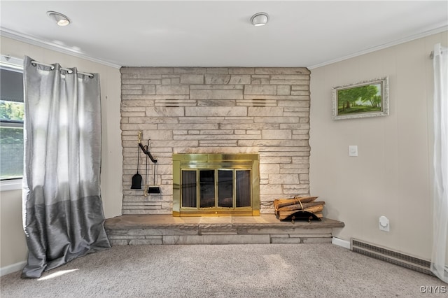 8500 Pools Brook Rd, Manlius, NY 13082 - unfurnished living room with a fireplace, crown molding, and carpet flooring