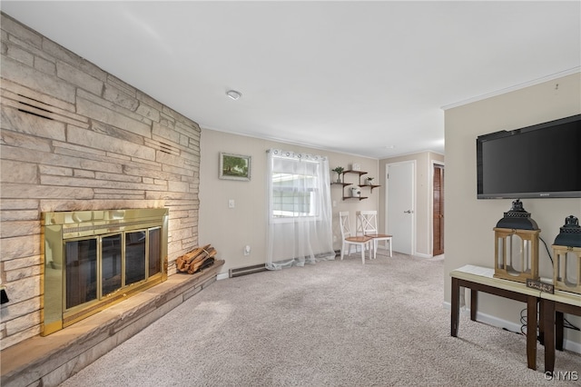 8500 Pools Brook Rd, Manlius, NY 13082 - living room featuring carpet, ornamental molding, and a fireplace