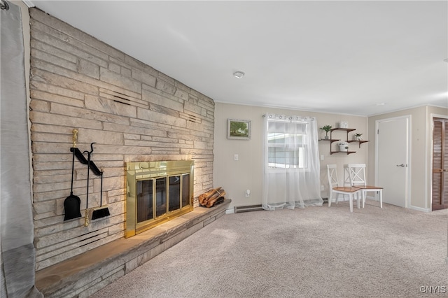 8500 Pools Brook Rd, Manlius, NY 13082 - unfurnished living room featuring crown molding, carpet flooring, and a fireplace