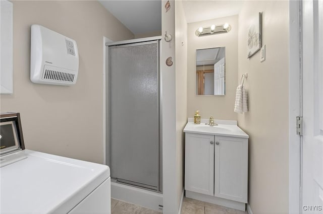 8500 Pools Brook Rd, Manlius, NY 13082 - full bathroom with a wall mounted air conditioner, washer / clothes dryer, a stall shower, and vanity