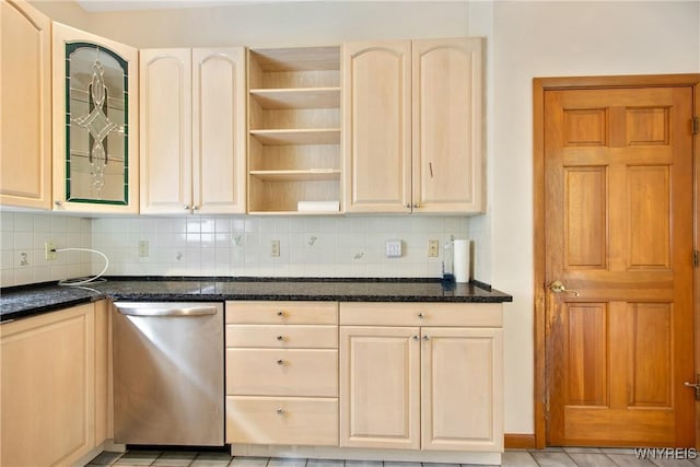 499 Breckenridge St, Buffalo, NY 14213 - kitchen with dishwasher, backsplash, dark stone counters, and open shelves
