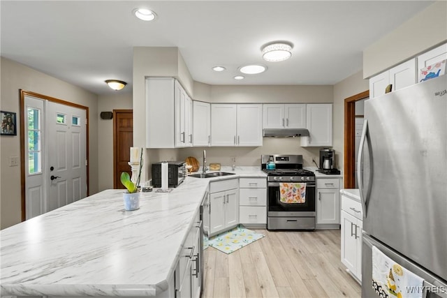 5861 Goodrich Rd Unit 6C, Clarence, NY 14032 - kitchen featuring stainless steel appliances, under cabinet range hood, white cabinetry, and recessed lighting