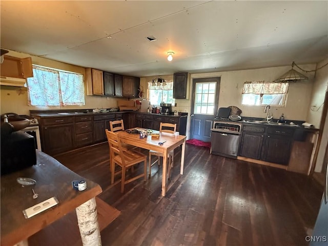 352 S Real St, Cape Vincent, NY 13618 - kitchen featuring stainless steel dishwasher, dark countertops, and dark wood-type flooring