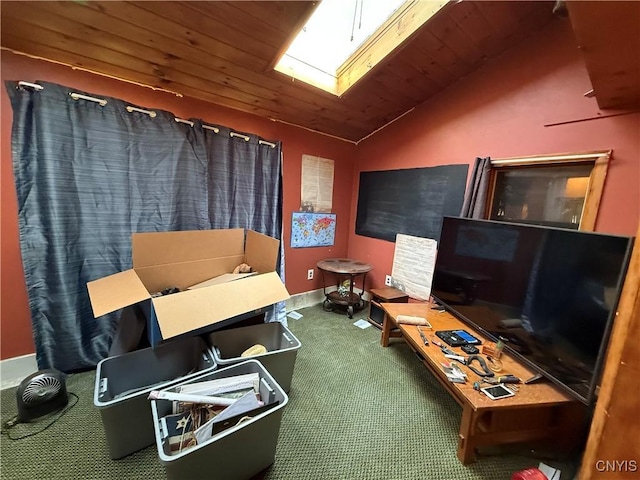 352 S Real St, Cape Vincent, NY 13618 - carpeted living room with a skylight, vaulted ceiling, and wooden ceiling