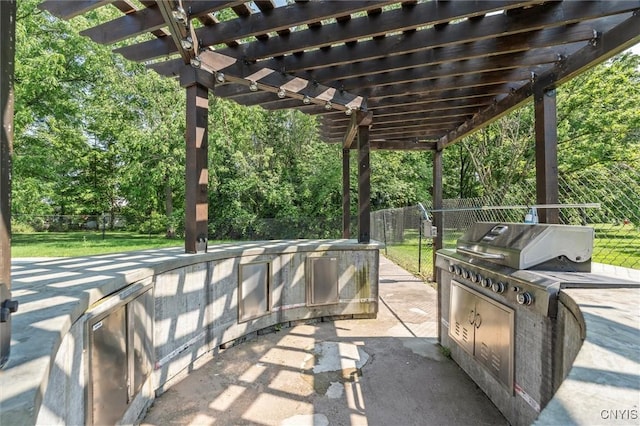 6924 Todd Way, Salina, NY 13088 - view of patio / terrace featuring exterior kitchen, a pergola, and view of wooded area