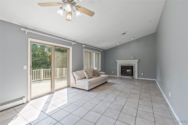 6924 Todd Way, Salina, NY 13088 - living room with a baseboard radiator, vaulted ceiling, light tile patterned floors, a fireplace, and a ceiling fan