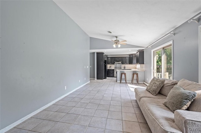 6924 Todd Way, Salina, NY 13088 - living room featuring lofted ceiling, light tile patterned floors, and ceiling fan