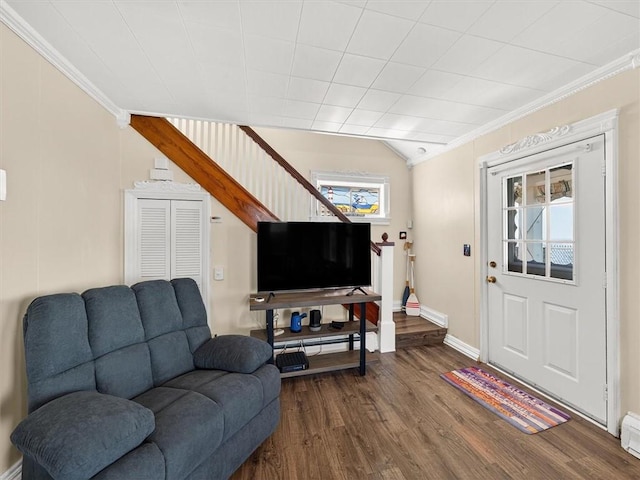 5631 W Blf, Newfane, NY 14126 - living room with ornamental molding, stairs, dark wood-style floors, and a baseboard heating unit