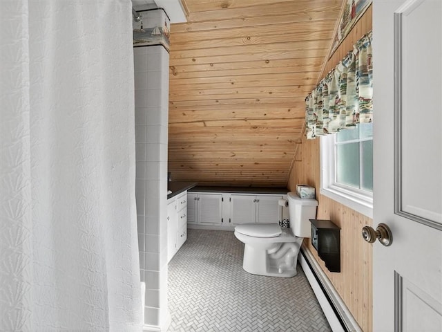 5631 W Blf, Newfane, NY 14126 - full bathroom featuring a baseboard heating unit, wooden ceiling, and wood walls