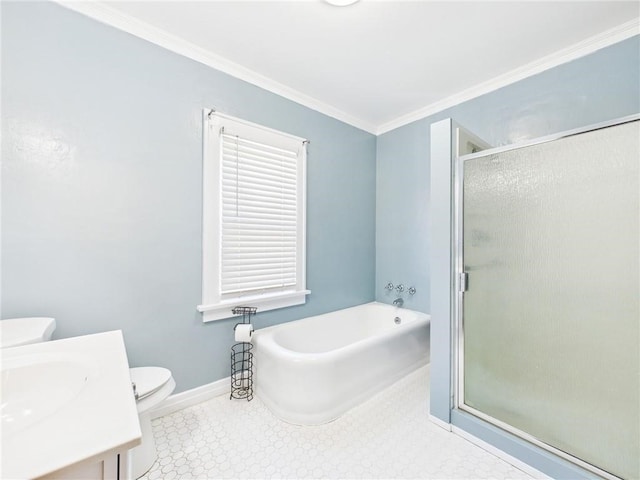 1010 W Main St, Smethport Boro, PA 16749 - bathroom featuring a shower stall, a garden tub, vanity, and ornamental molding