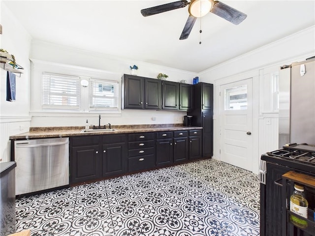 1010 W Main St, Smethport Boro, PA 16749 - kitchen featuring stainless steel dishwasher, range with gas stovetop, ornamental molding, a ceiling fan, and dark cabinetry