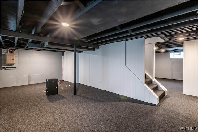 539 Windermere Blvd, Amherst, NY 14226 - basement with carpet floors, stairs, and electric panel