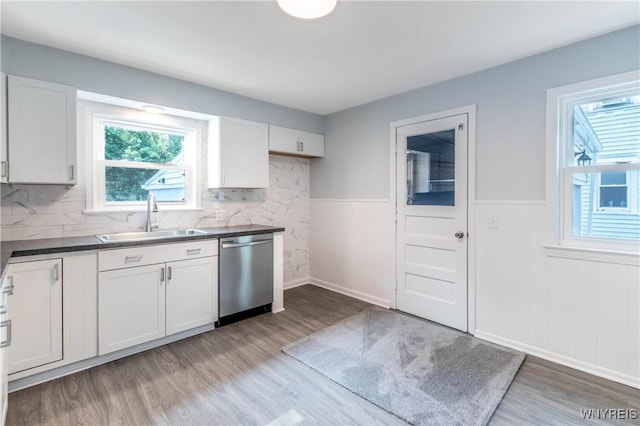 539 Windermere Blvd, Amherst, NY 14226 - kitchen featuring dishwasher, light wood-style floors, a wainscoted wall, dark countertops, and white cabinets