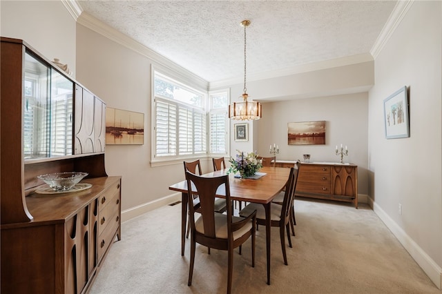 10 Bristol View Dr, Perinton, NY 14450 - dining space featuring crown molding, a chandelier, light carpet, and a textured ceiling