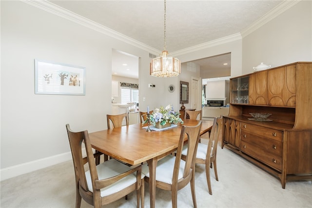 10 Bristol View Dr, Perinton, NY 14450 - dining room with light carpet, a chandelier, crown molding, and a textured ceiling