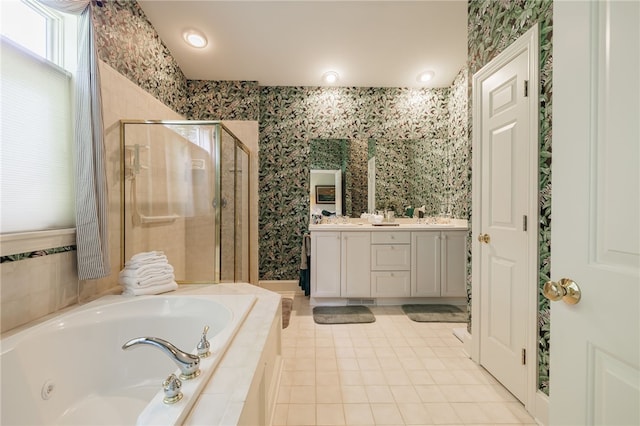 10 Bristol View Dr, Perinton, NY 14450 - bathroom featuring a stall shower, a whirlpool tub, double vanity, tile patterned floors, and wallpapered walls