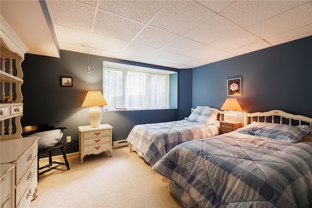 10 Bristol View Dr, Perinton, NY 14450 - bedroom featuring baseboard heating, a paneled ceiling, and carpet