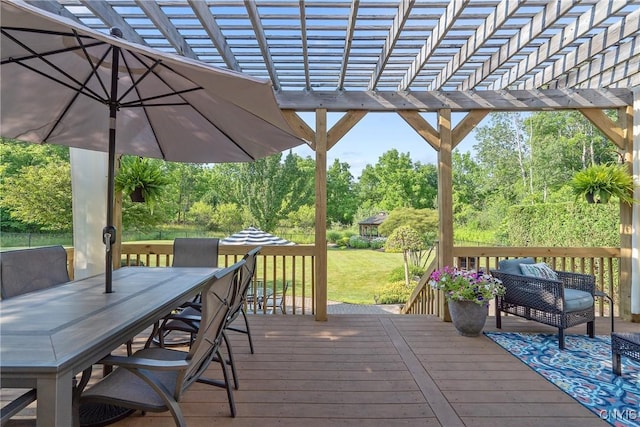 1002 Oreste St, Camillus, NY 13031 - wooden terrace featuring a pergola, a lawn, outdoor dining space, and view of scattered trees