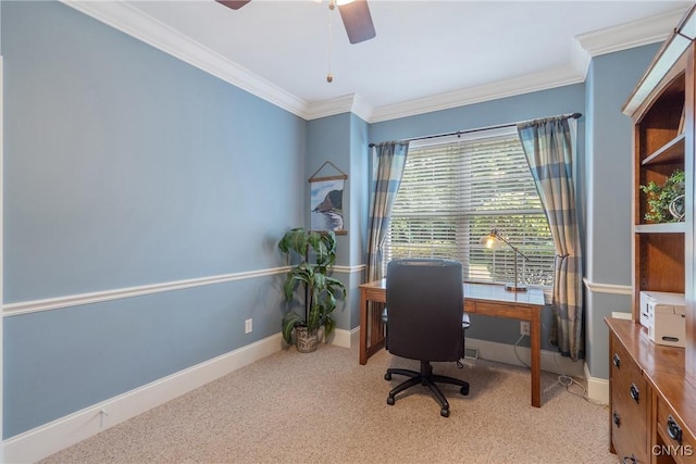 1002 Oreste St, Camillus, NY 13031 - carpeted home office featuring ornamental molding and a ceiling fan