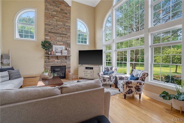 1002 Oreste St, Camillus, NY 13031 - living area with a towering ceiling, wood finished floors, and a fireplace