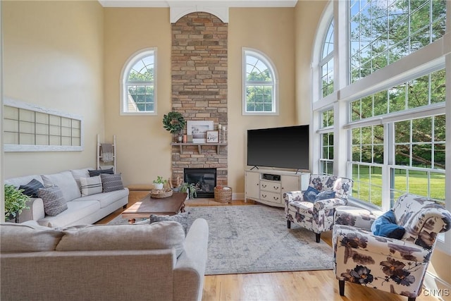 1002 Oreste St, Camillus, NY 13031 - living room featuring plenty of natural light, wood finished floors, a towering ceiling, and a fireplace