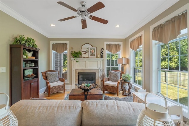 1002 Oreste St, Camillus, NY 13031 - living area featuring healthy amount of natural light, ornamental molding, wood finished floors, a ceiling fan, and a premium fireplace
