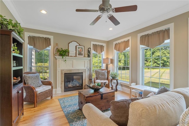 1002 Oreste St, Camillus, NY 13031 - living room featuring healthy amount of natural light, ornamental molding, a premium fireplace, wood finished floors, and recessed lighting