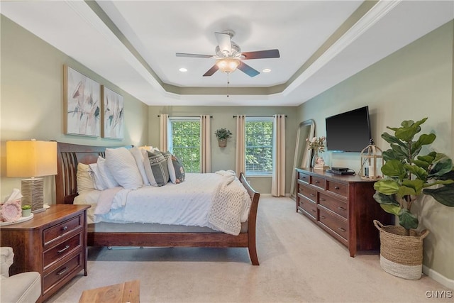 1002 Oreste St, Camillus, NY 13031 - bedroom with light carpet, a tray ceiling, and ceiling fan