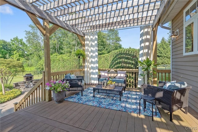 1002 Oreste St, Camillus, NY 13031 - wooden deck with outdoor lounge area and a pergola