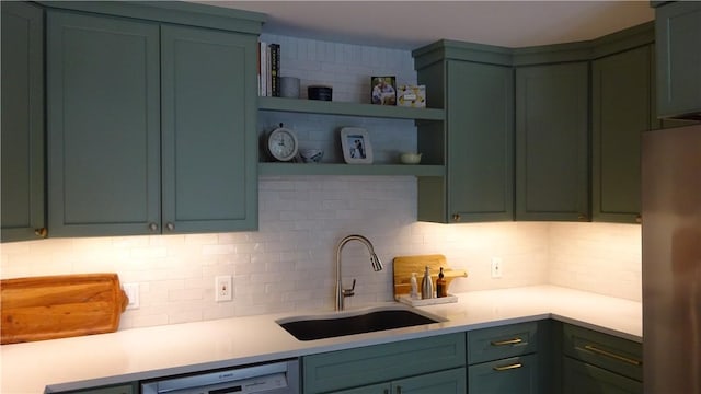 164 S Fitzhugh St, Rochester, NY 14608 - kitchen featuring decorative backsplash, open shelves, light countertops, and freestanding refrigerator