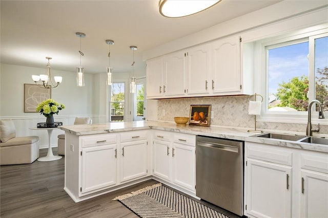 45 Hazel Bark, Gates, NY 14606 - kitchen with dishwasher, white cabinetry, a peninsula, dark wood-style flooring, and decorative backsplash
