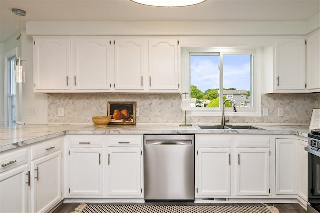 45 Hazel Bark, Gates, NY 14606 - kitchen with stainless steel dishwasher, white cabinetry, decorative backsplash, and light stone counters