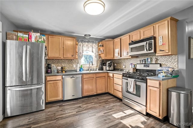 4034 Burke Pkwy, Hamburg, NY 14219 - kitchen featuring stainless steel appliances, tasteful backsplash, wood finished floors, open shelves, and light brown cabinetry