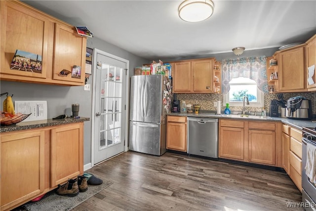 4034 Burke Pkwy, Hamburg, NY 14219 - kitchen featuring stainless steel appliances, open shelves, backsplash, and dark wood-type flooring