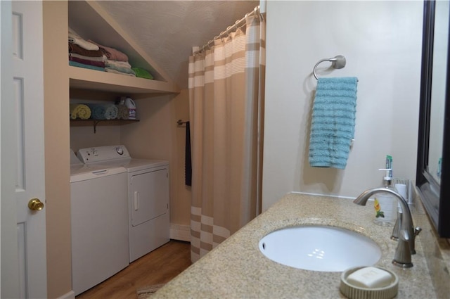 132 Main St, Unadilla, NY 13849 - full bathroom with washing machine and dryer, vanity, wood finished floors, vaulted ceiling, and a shower with curtain