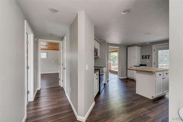 15243 Factory St, Clayton, NY 13632 - kitchen featuring appliances with stainless steel finishes, butcher block counters, white cabinetry, dark wood-style flooring, and healthy amount of natural light