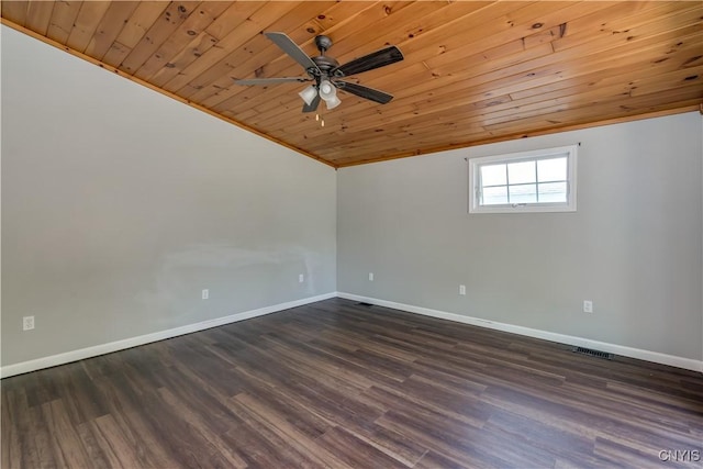 15243 Factory St, Clayton, NY 13632 - spare room with wood ceiling, a ceiling fan, dark wood-style floors, vaulted ceiling, and ornamental molding