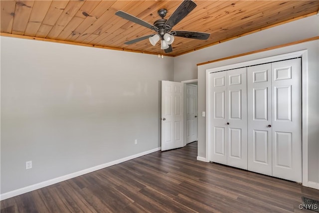 15243 Factory St, Clayton, NY 13632 - unfurnished bedroom featuring wood ceiling, dark wood-style floors, a closet, and a ceiling fan