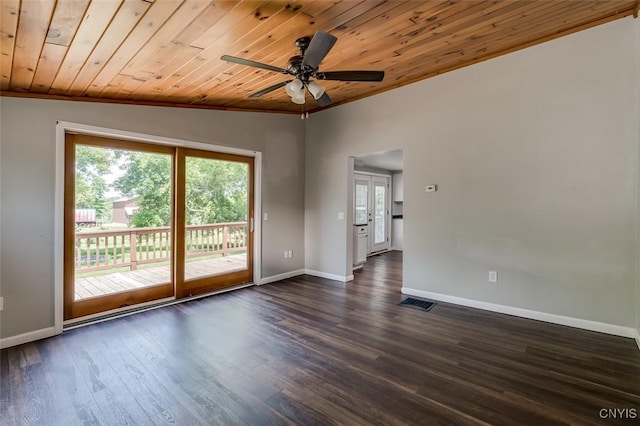 15243 Factory St, Clayton, NY 13632 - unfurnished room with ceiling fan, wood ceiling, ornamental molding, and dark wood finished floors