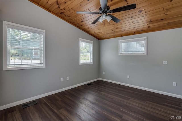15243 Factory St, Clayton, NY 13632 - unfurnished room featuring lofted ceiling, a ceiling fan, wooden ceiling, and dark wood-style flooring