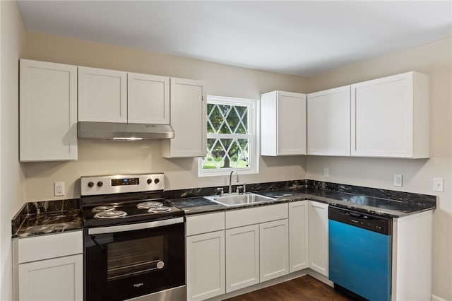 1728 Dalton Rd, Lima, NY 14485 - kitchen featuring dishwashing machine, electric range, under cabinet range hood, white cabinets, and dark wood-style floors