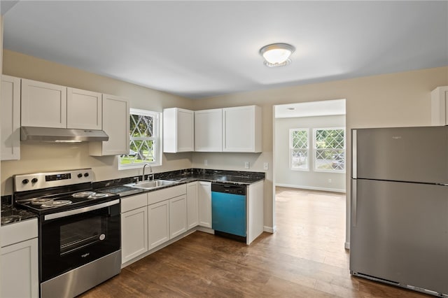 1728 Dalton Rd, Lima, NY 14485 - kitchen with appliances with stainless steel finishes, under cabinet range hood, white cabinetry, and healthy amount of natural light