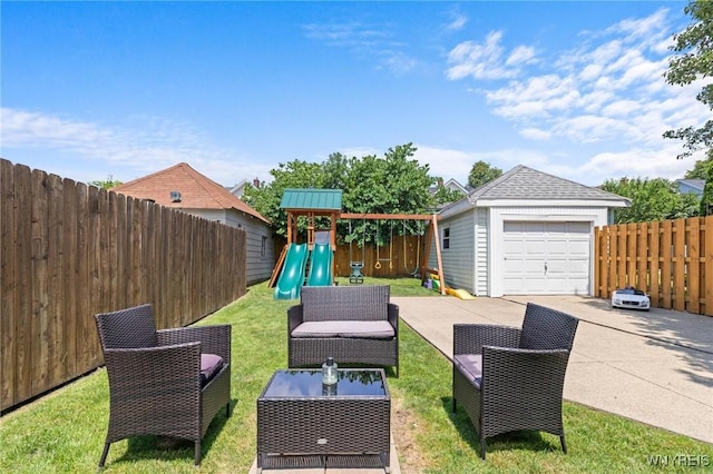 144 Whitfield Ave, Buffalo, NY 14220 - fenced backyard featuring driveway, a playground, an outdoor hangout area, and an outdoor structure