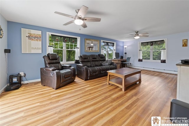 2777 S Roberts Rd, Sheridan, NY 14063 - living room featuring a baseboard radiator, a ceiling fan, healthy amount of natural light, and wood finished floors
