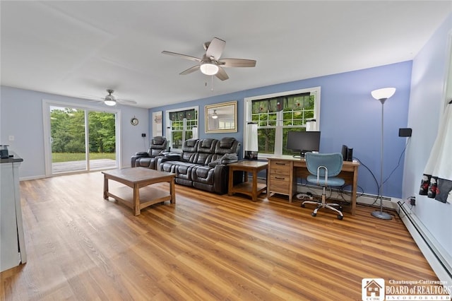 2777 S Roberts Rd, Sheridan, NY 14063 - living area featuring light wood-type flooring, a baseboard radiator, a ceiling fan, and an office area