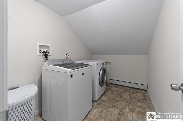 2777 S Roberts Rd, Sheridan, NY 14063 - laundry area featuring baseboard heating, washing machine and clothes dryer, and stone finish flooring