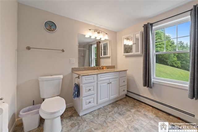 2777 S Roberts Rd, Sheridan, NY 14063 - full bath with a baseboard heating unit, vanity, a shower with curtain, and a chandelier