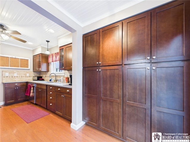 118 N 3rd St, Allegany, NY 14706 - kitchen featuring light wood finished floors, dishwasher, light countertops, a ceiling fan, and ornamental molding